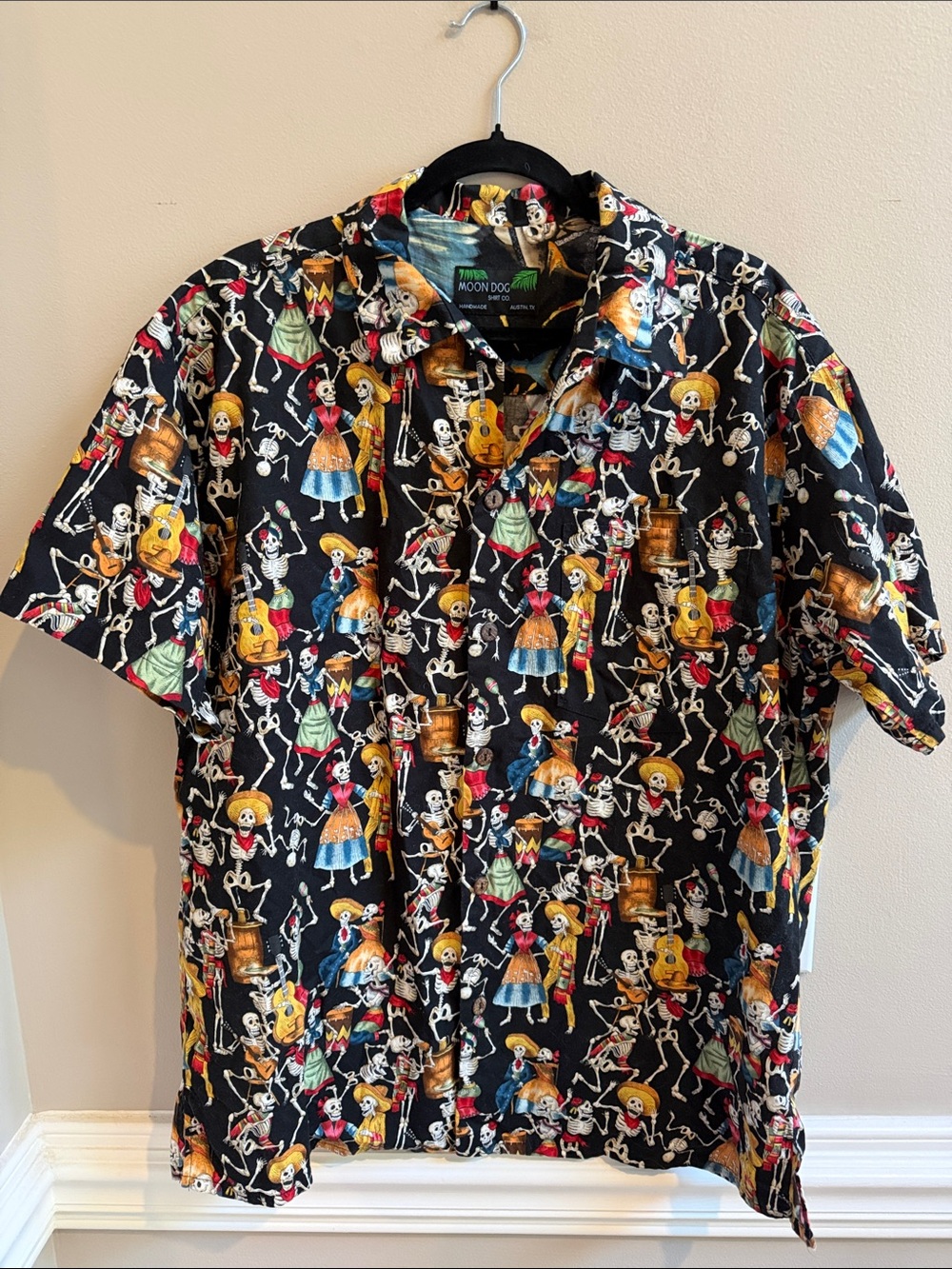 Black Day of the Dead Skeleton Print Short-Sleeve Shirt by Moon Dog